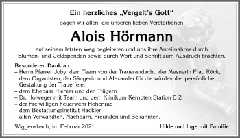 Traueranzeige von Alois Hörmann von Allgäuer Zeitung,Kempten