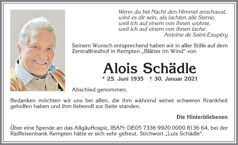 Traueranzeige für Alois Schädle vom 06.02.2021 aus Allgäuer Zeitung,Kempten