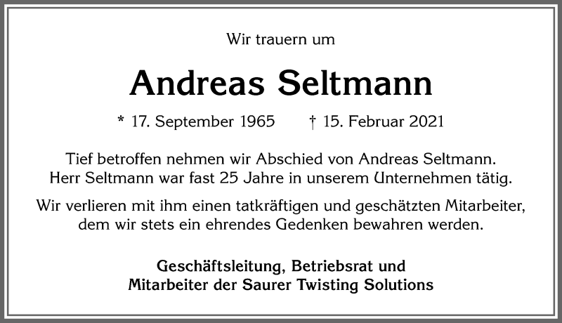  Traueranzeige für Andreas Seltmann vom 27.02.2021 aus Allgäuer Zeitung