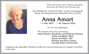 Traueranzeige von Anna Amort von Allgäuer Zeitung,Kempten