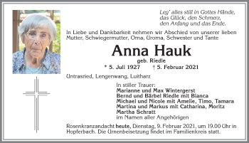 Traueranzeige von Anna Hauk von Allgäuer Zeitung