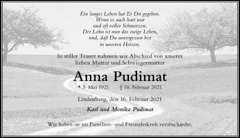 Traueranzeige von Anna Pudimat von Der Westallgäuer