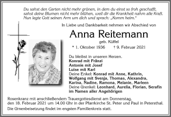 Traueranzeige von Anna Reitemann von Allgäuer Zeitung,Kempten