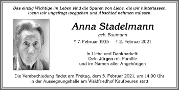 Traueranzeige von Anna Stadelmann von Allgäuer Zeitung, Kaufbeuren/Buchloe