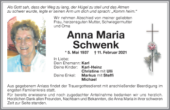 Traueranzeige von Anna Maria Schwenk von Memminger Zeitung