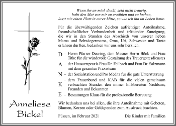 Traueranzeige von Anneliese Bickel von Allgäuer Zeitung, Füssen