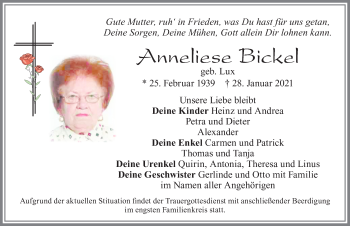 Traueranzeige von Anneliese Bickel von Allgäuer Zeitung, Füssen