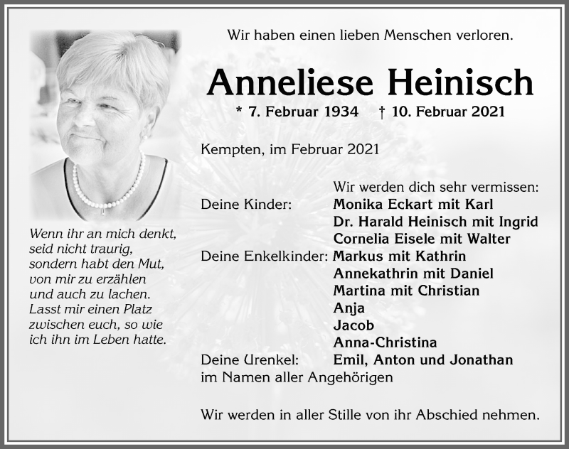  Traueranzeige für Anneliese Heinisch vom 20.02.2021 aus Allgäuer Zeitung,Kempten