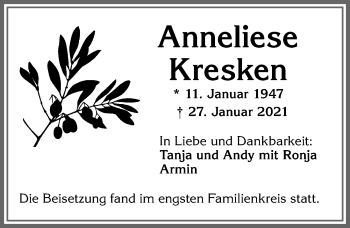 Traueranzeige von Anneliese Kresken von Allgäuer Zeitung,Kempten