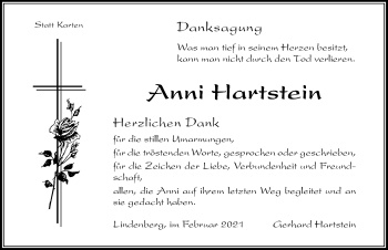 Traueranzeige von Anni Hartstein von Der Westallgäuer