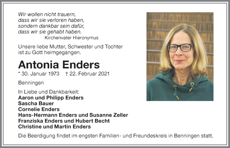  Traueranzeige für Antonia Enders vom 26.02.2021 aus Memminger Zeitung