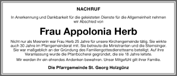 Traueranzeige von Appolonia Herb von Memminger Zeitung