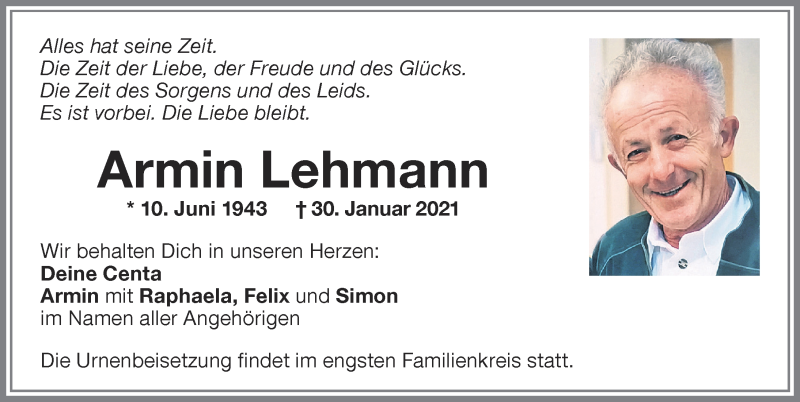  Traueranzeige für Armin Lehmann vom 03.02.2021 aus Memminger Zeitung