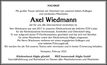 Traueranzeige von Axel Wiedmann von Allgäuer Anzeigeblatt