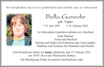 Traueranzeige von Bella Gansohr von Allgäuer Zeitung, Marktoberdorf