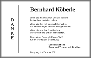 Traueranzeige von Bernhard Köberle von Allgäuer Anzeigeblatt
