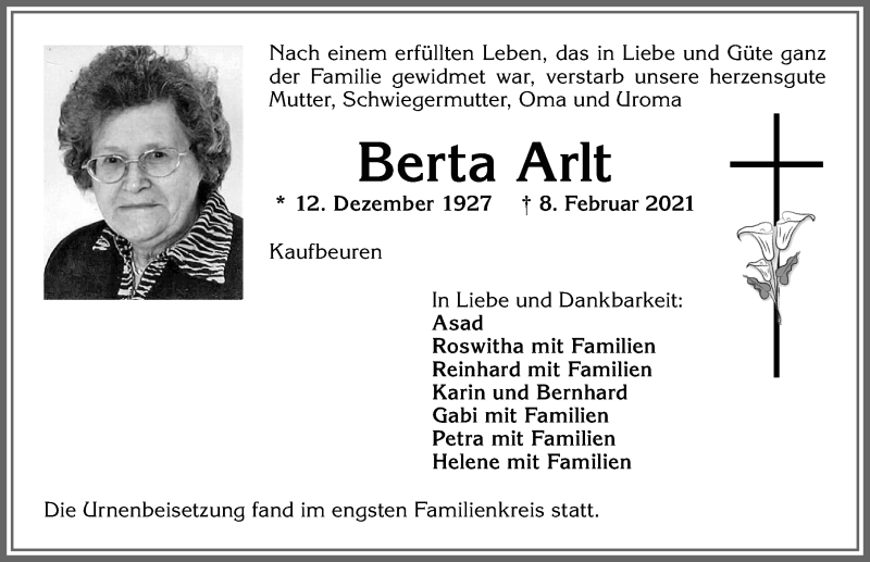  Traueranzeige für Berta Arlt vom 23.02.2021 aus Allgäuer Zeitung, Kaufbeuren/Buchloe