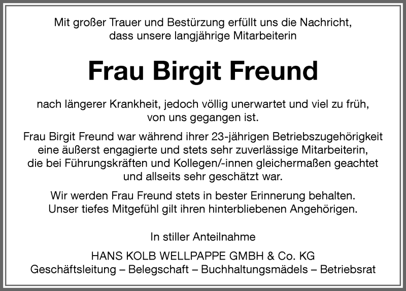  Traueranzeige für Birgit Freund vom 18.02.2021 aus Memminger Zeitung