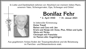 Traueranzeige von Bonifaz Fehr von Allgäuer Anzeigeblatt