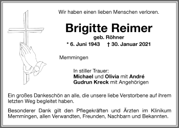 Traueranzeige von Brigitte Reimer von Memminger Zeitung