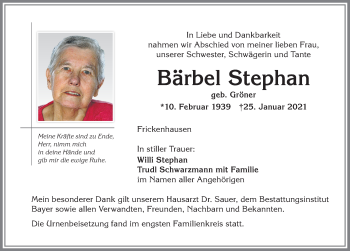 Traueranzeige von Bärbel Stephan von Memminger Zeitung