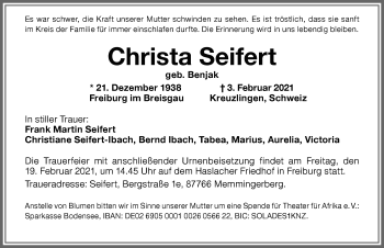 Traueranzeige von Christa Seifert von Memminger Zeitung
