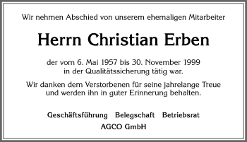 Traueranzeige von Christian Erben von Allgäuer Zeitung, Marktoberdorf