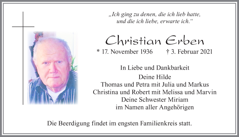  Traueranzeige für Christian Erben vom 05.02.2021 aus Allgäuer Zeitung, Marktoberdorf