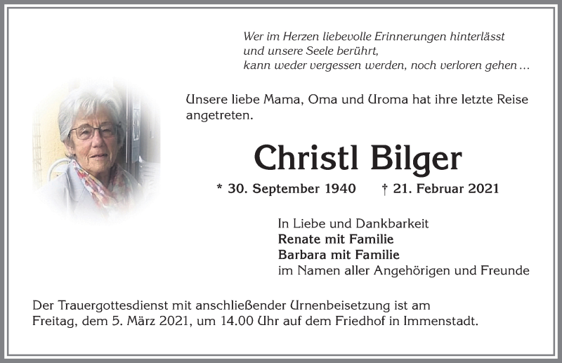  Traueranzeige für Christl Bilger vom 26.02.2021 aus Allgäuer Anzeigeblatt