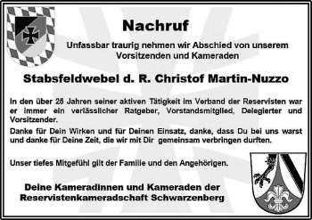 Traueranzeige von Christof Martin-Nuzzo von Der Westallgäuer