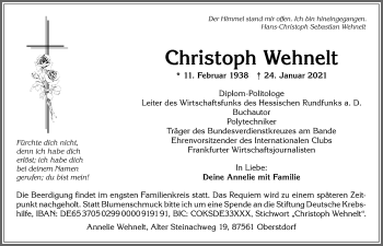 Traueranzeige von Christoph Wehnelt von Allgäuer Anzeigeblatt