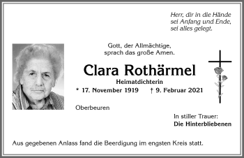 Traueranzeige von Clara Rothärmel von Allgäuer Zeitung, Kaufbeuren/Buchloe