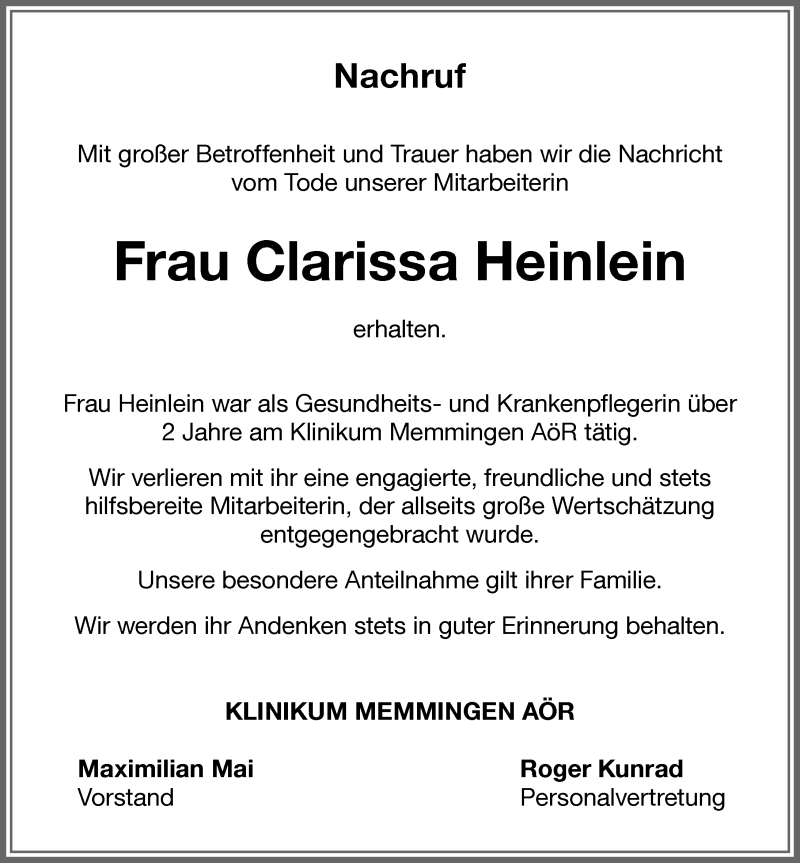  Traueranzeige für Clarissa Heinlein vom 01.02.2021 aus Memminger Zeitung