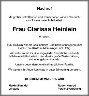 Traueranzeige von Clarissa Heinlein von Memminger Zeitung