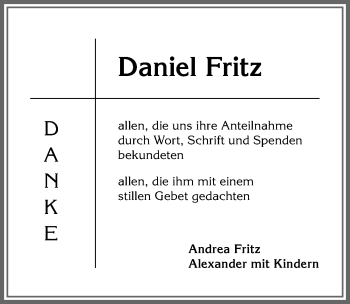 Traueranzeige von Daniel Fritz von Allgäuer Anzeigeblatt
