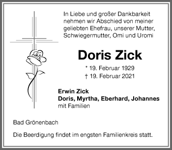 Traueranzeige von Doris Zick von Memminger Zeitung