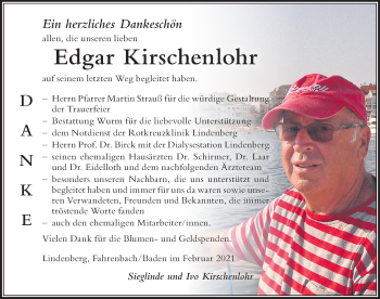 Traueranzeige von Edgar Kirschenlohr von Der Westallgäuer
