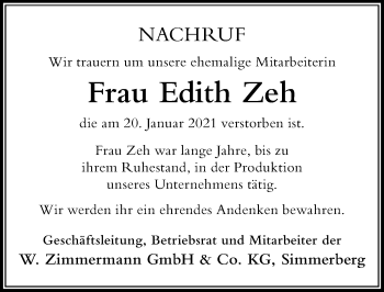 Traueranzeige von Edith Zeh von Der Westallgäuer