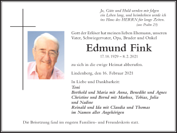 Traueranzeige von Edmund Fink von Der Westallgäuer