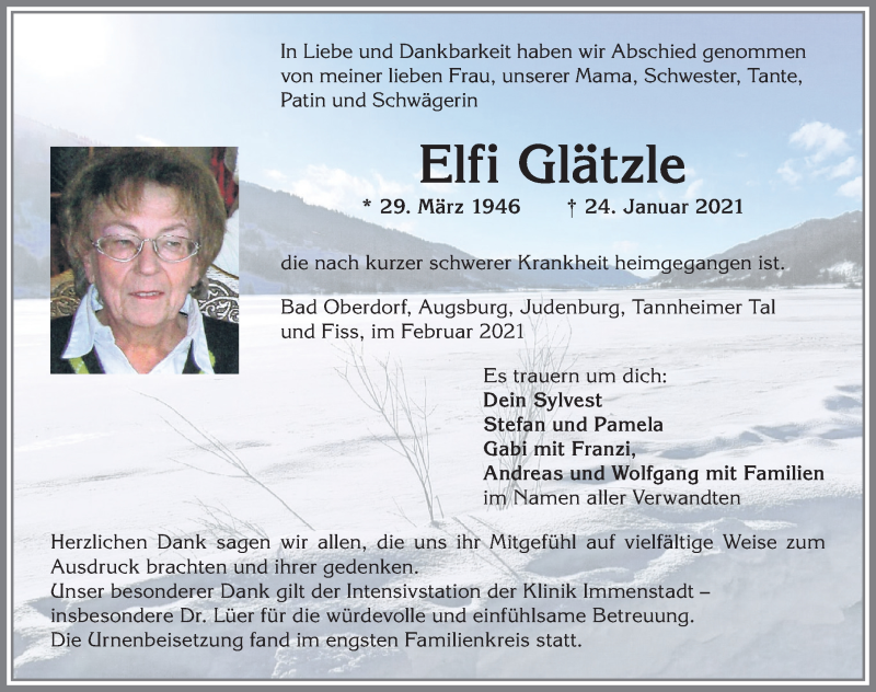  Traueranzeige für Elfi Glätzle vom 05.02.2021 aus Allgäuer Anzeigeblatt