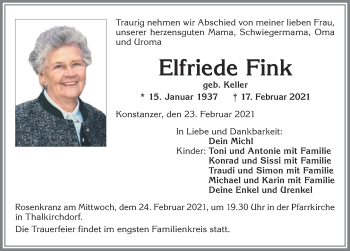 Traueranzeige von Elfriede Fink von Allgäuer Anzeigeblatt