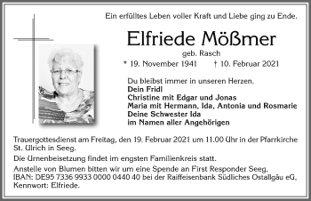 Traueranzeige von Elfriede Mößmer von Allgäuer Zeitung, Füssen