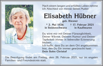 Traueranzeige von Elisabeth Hübner von Allgäuer Zeitung, Kaufbeuren/Buchloe