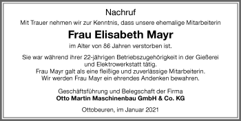 Traueranzeige von Elisabeth Mayr von Memminger Zeitung