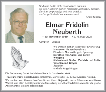 Traueranzeige von Elmar Fridolin Neuberth von Allgäuer Zeitung