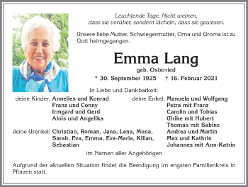 Traueranzeige von Emma Lang von Allgäuer Zeitung, Kaufbeuren/Buchloe
