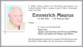 Traueranzeige von Emmerich Maurus von Allgäuer Zeitung,Kempten