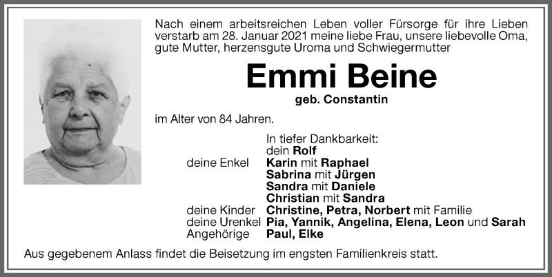  Traueranzeige für Emmi Beine vom 13.02.2021 aus Memminger Zeitung
