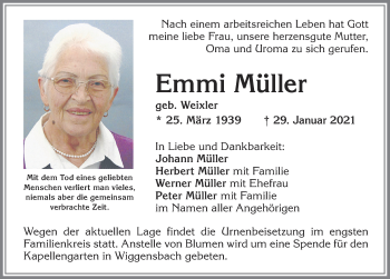 Traueranzeige von Emmi Müller von Allgäuer Zeitung,Kempten