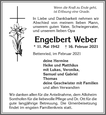 Traueranzeige von Engelbert Weber von Allgäuer Anzeigeblatt